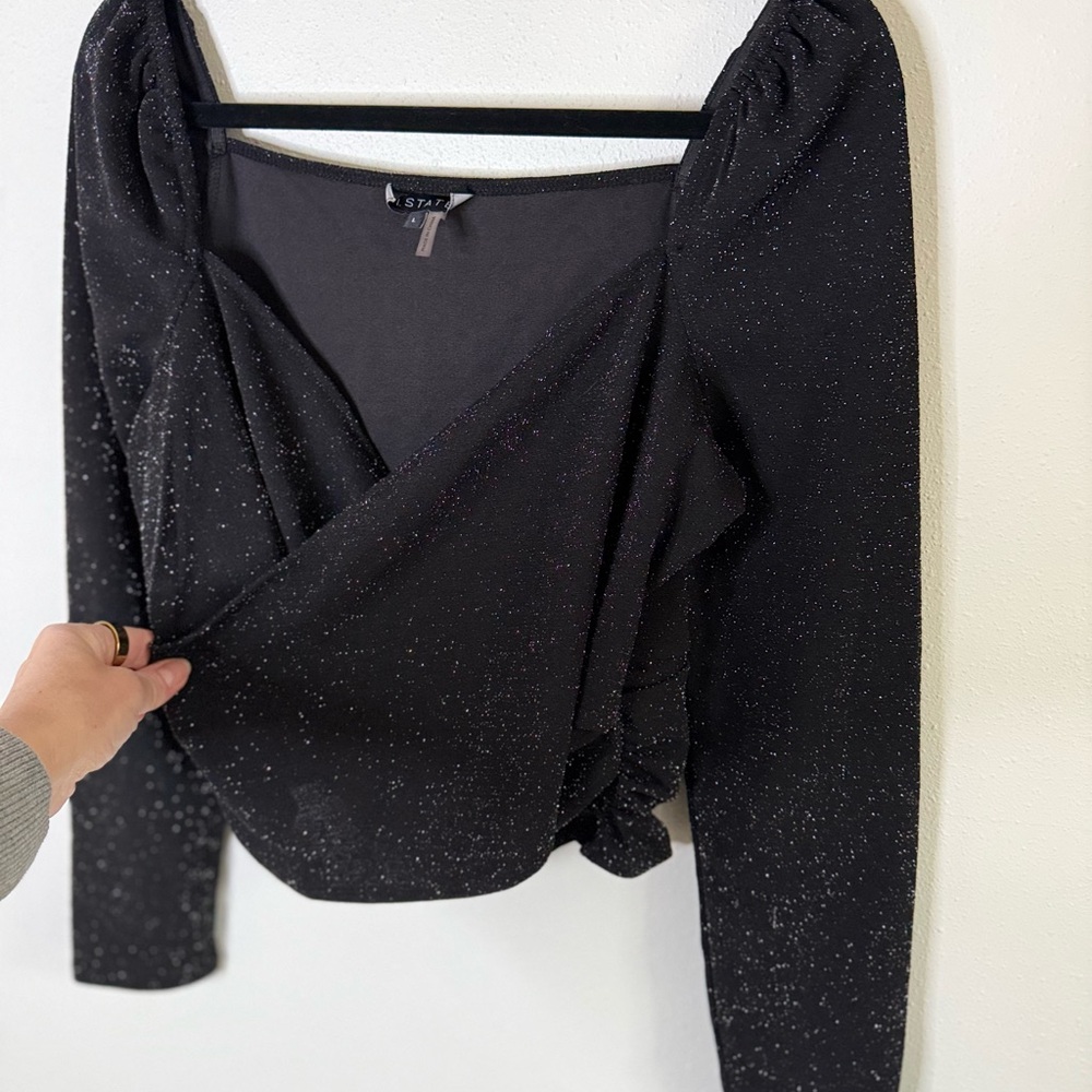 1 State Black Sparkle Square Neck Puff Sleeve Party Top L